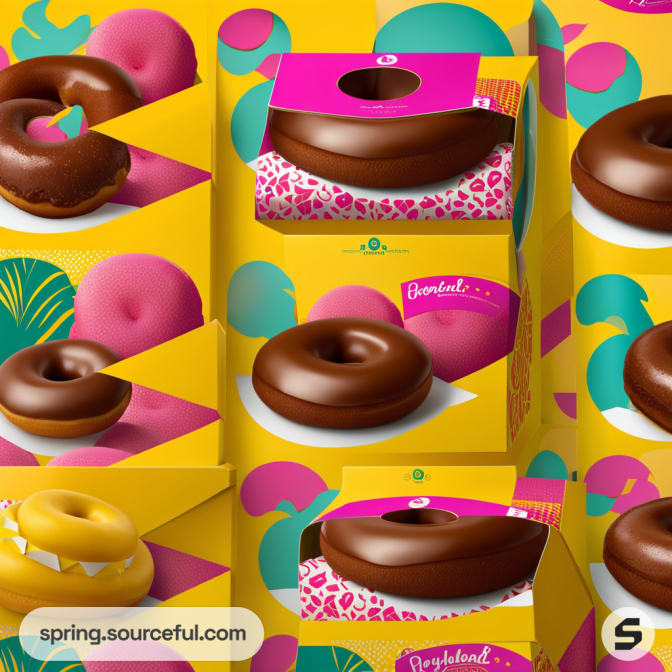 Bright yellow donut boxes with colorful graphics and chocolate and pink donuts on top.