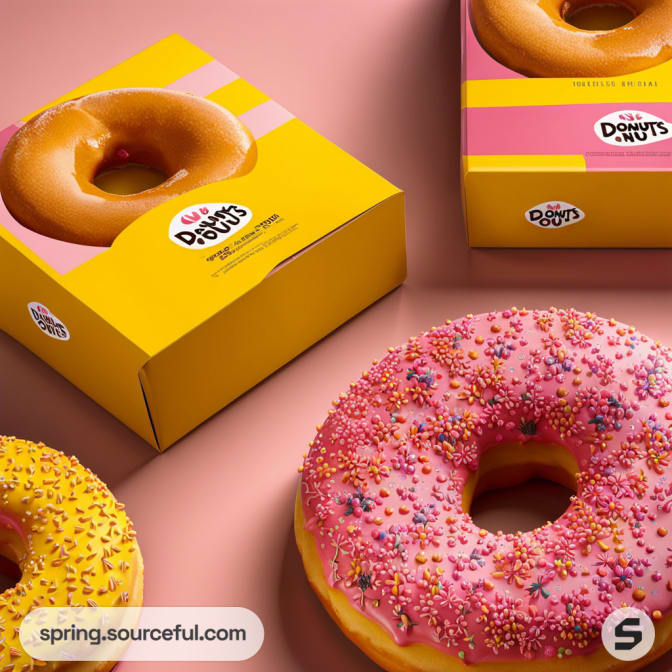 Yellow and pink donut boxes with donuts topped with colorful sprinkles on a pink surface.
