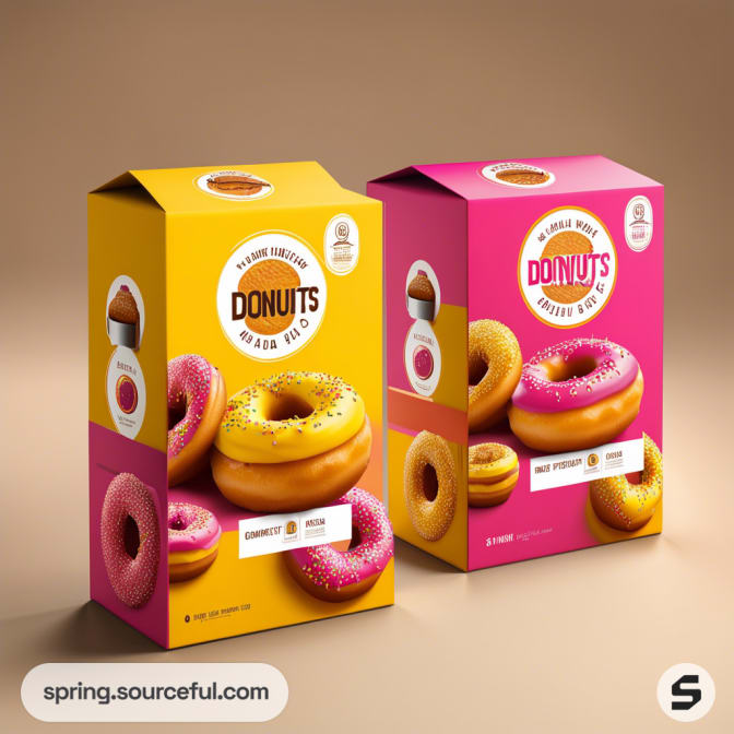 Two colorful donut boxes, one yellow and one pink, each with vibrant donut images and a glossy finish.