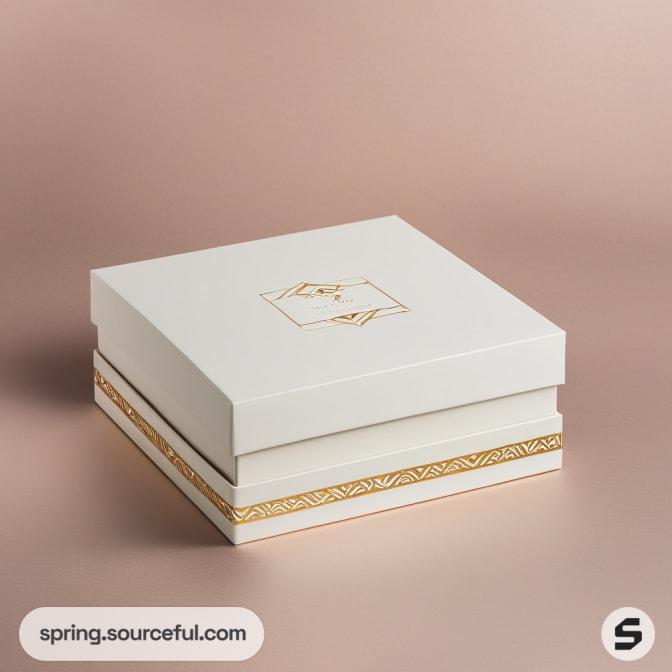 White square box with gold geometric design on a beige background.
