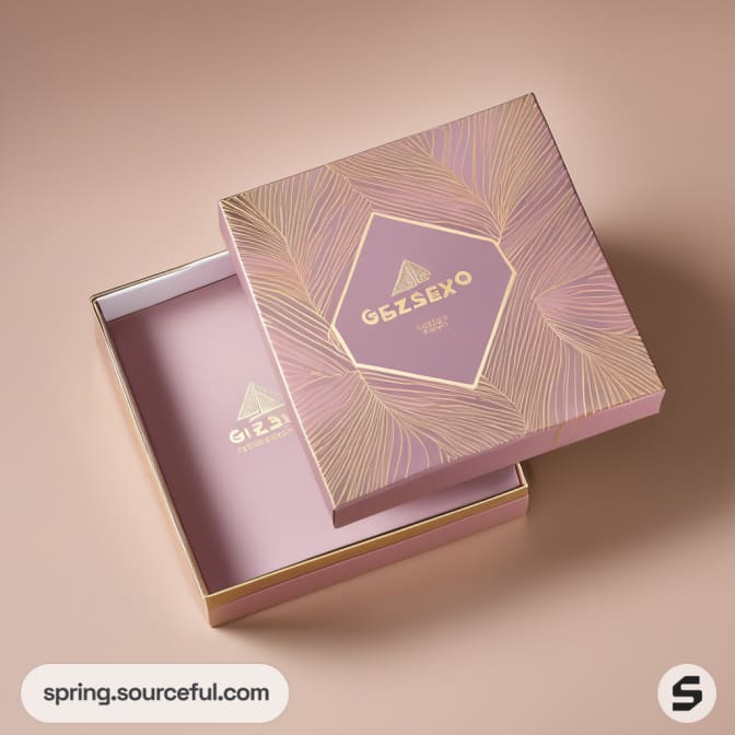 Open pink box with gold leaf design and hexagonal logo.