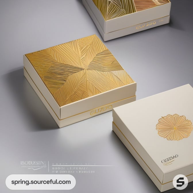 White and gold geometric patterned boxes on a gray surface.