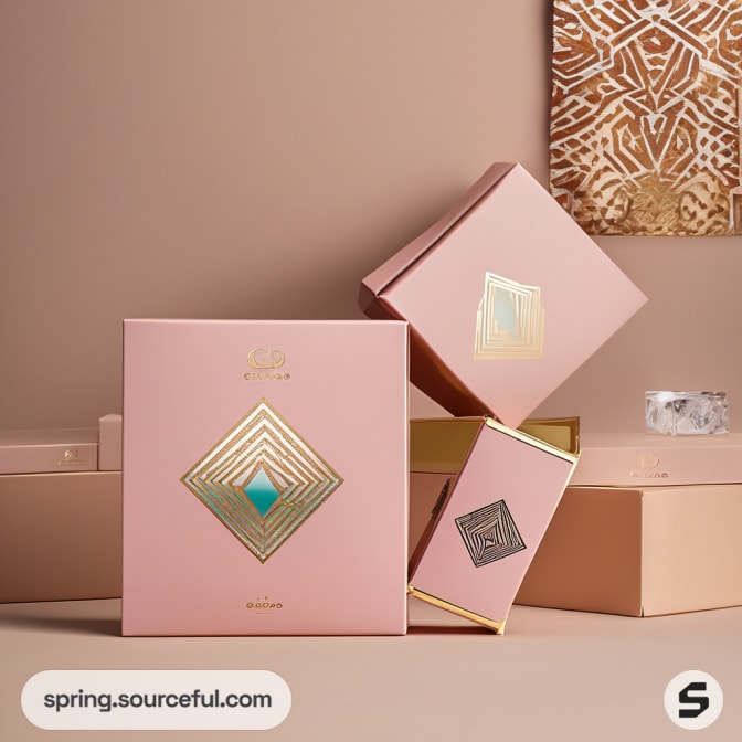 Stacked pink boxes with gold geometric designs on a beige background.