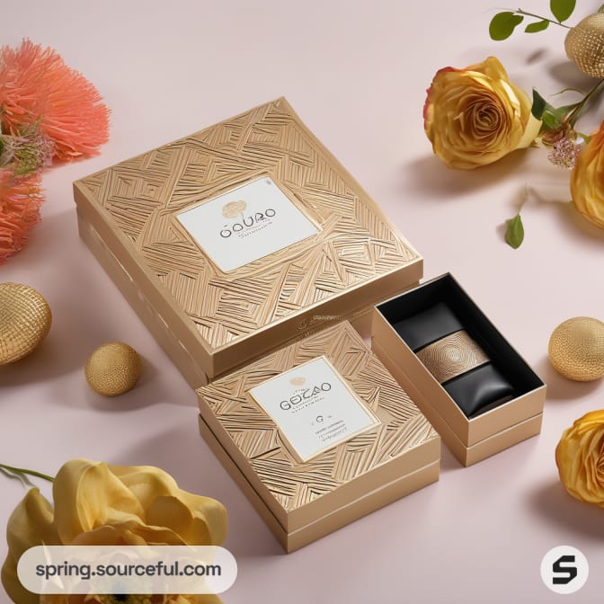 Gold textured box open showing a product inside, surrounded by flowers.