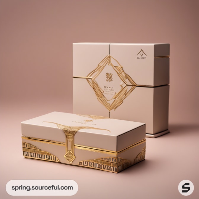 White boxed set with intricate gold patterns on a pink background.