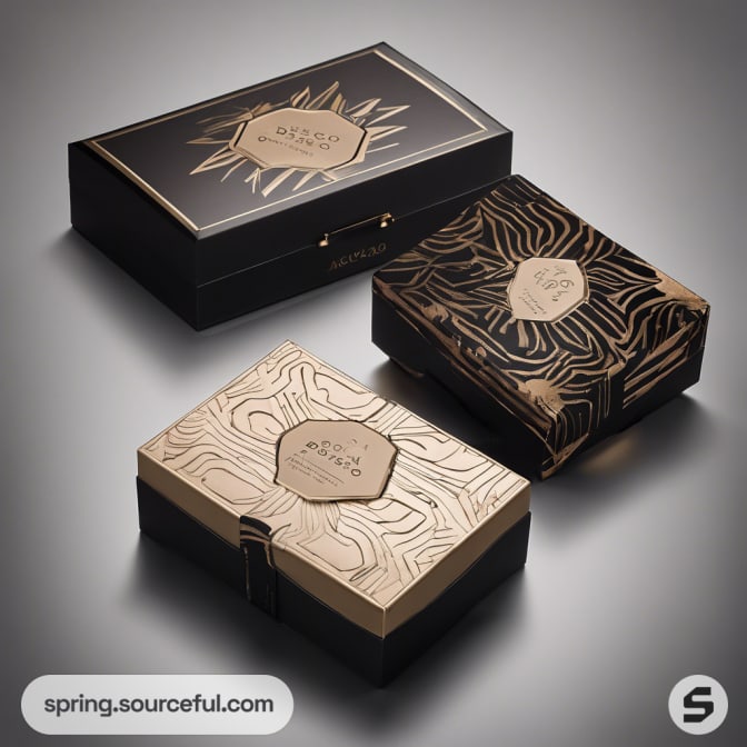 Three black boxes with gold designs and a vintage style.
