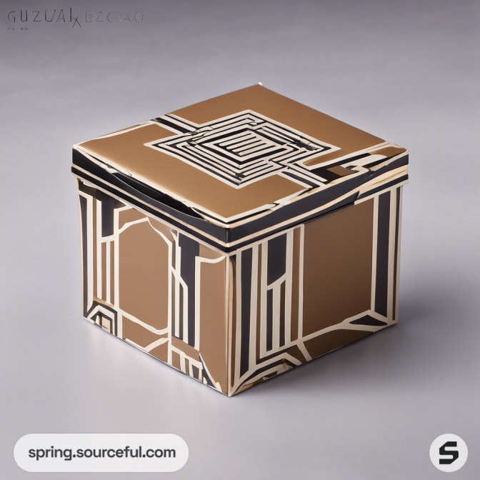 Brown box with geometric pattern on a gray surface.