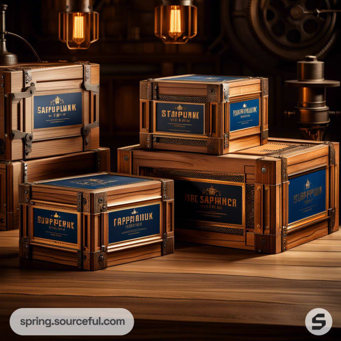 Wooden crates with vintage-style blue and copper labels.