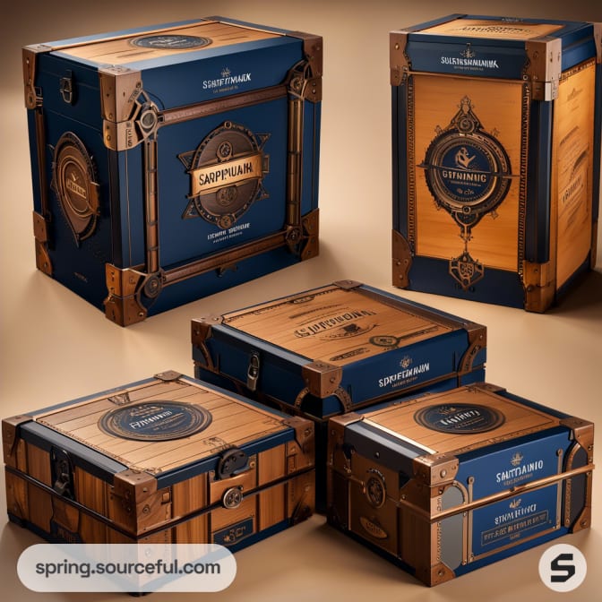 Box packaging with steampunk-inspired design.