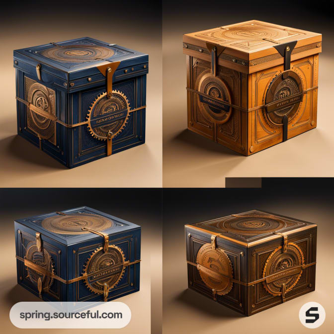 Four steampunk-themed boxes with gears and patterns.