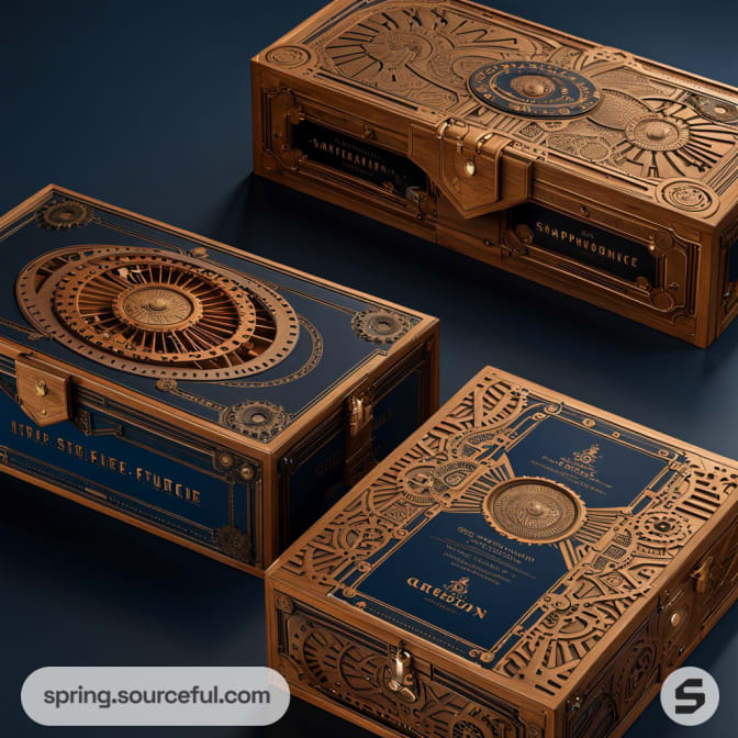 Detailed steampunk design boxes on dark background.