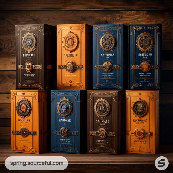 Vertical steampunk style boxes in blue and copper.