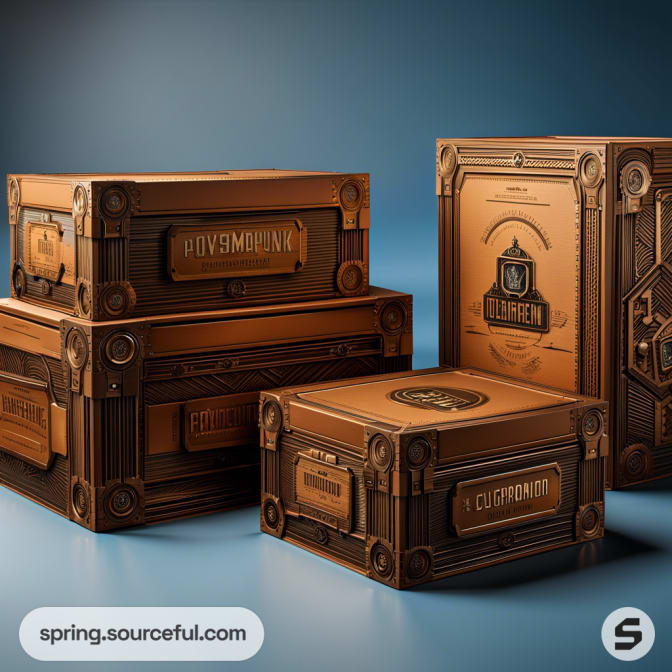 Steampunk crates with intricate cog designs.