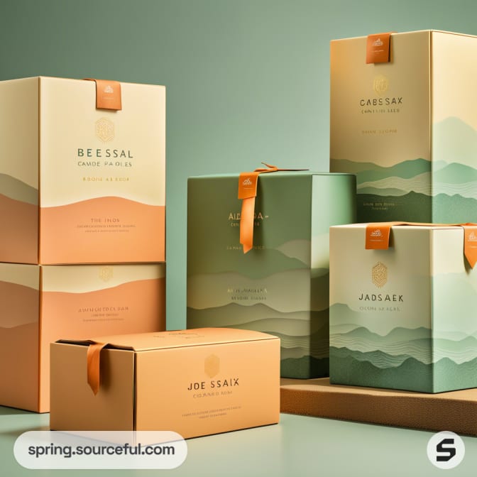 Stacked eco-friendly gift boxes with gradient designs in green and peach tones on a green background.