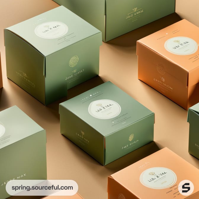 Green and orange product boxes on a beige surface, featuring minimalist designs and text labels.