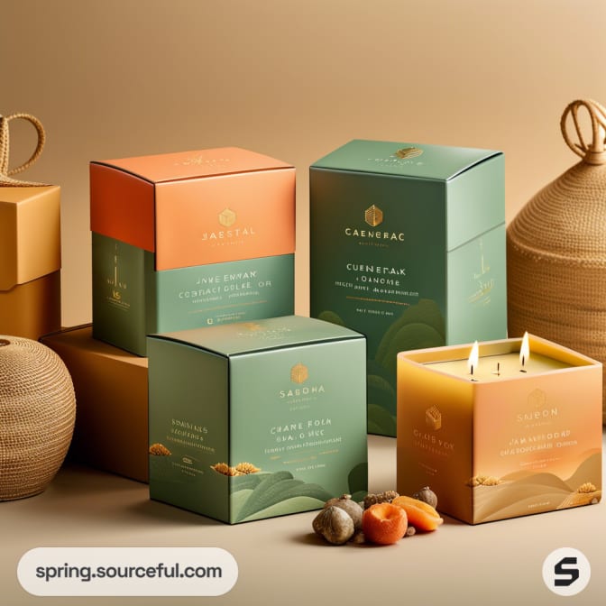 Four candles in teal and orange boxes with nature-inspired designs, set against a warm, earthy background.