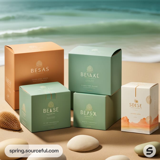 Elegant pastel boxes on sandy beach with ocean backdrop.