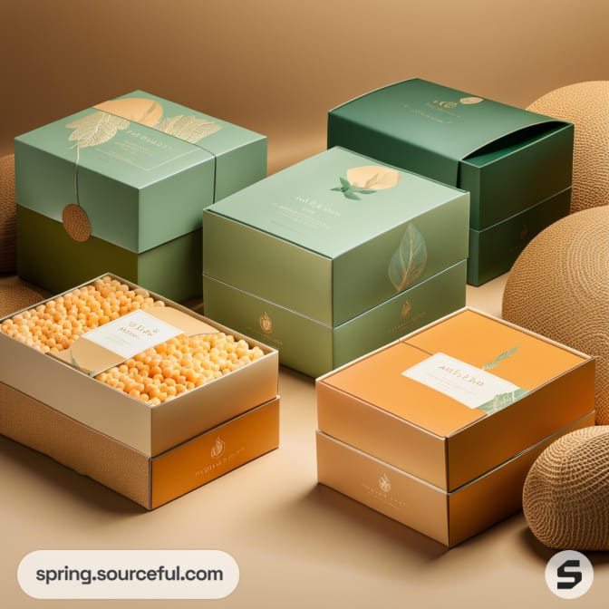 Stack of green and orange gift boxes with leafy designs on a neutral background.