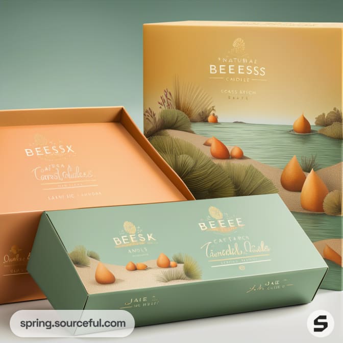 Earth-toned boxes with floral and landscape illustrations, featuring a mailer box and a closed product box.