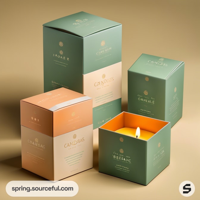 Candle boxes in green and orange shades with minimalist design on a beige background.