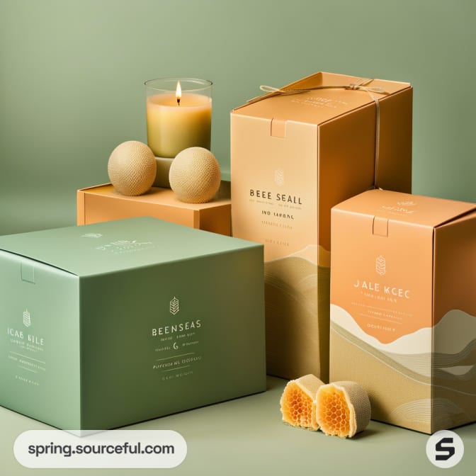 Various colored boxes with candle, bath bombs, and sea sponge against a green background.