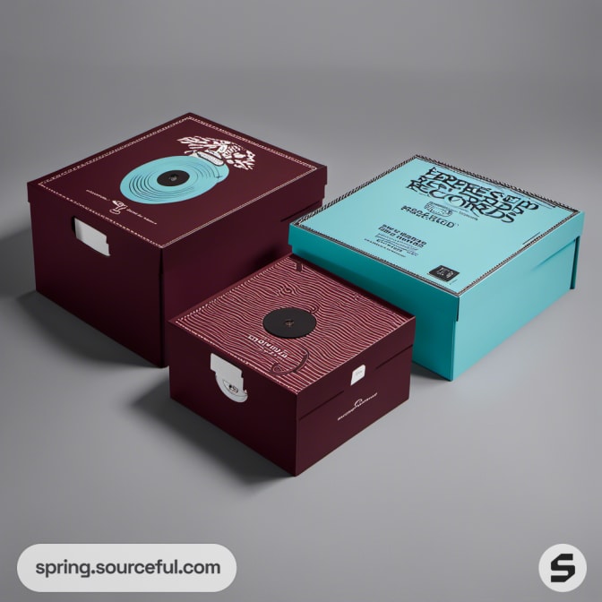 Assorted brown and blue packaging boxes with record designs.