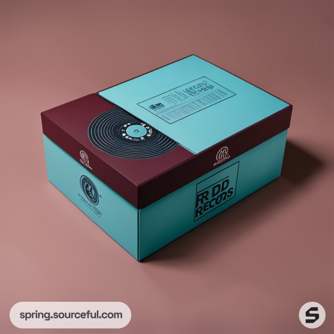 Rectangular blue and brown record-themed box.
