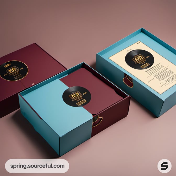 Open boxes with records inside, brown and blue theme.