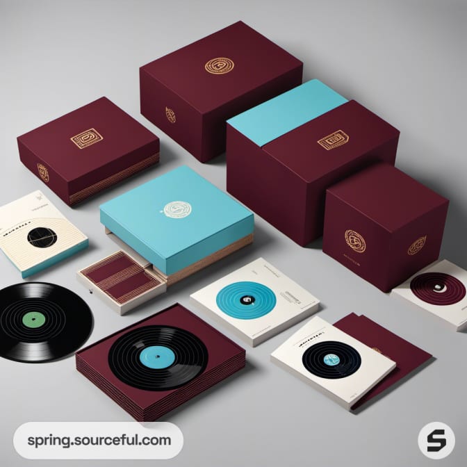 Collection of packaging with record motifs, brown and blue.