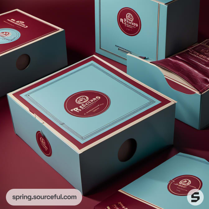Close-up of record-themed blue and brown boxes.