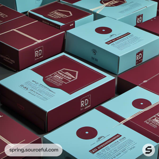 Stacked record-themed boxes in maroon and blue.
