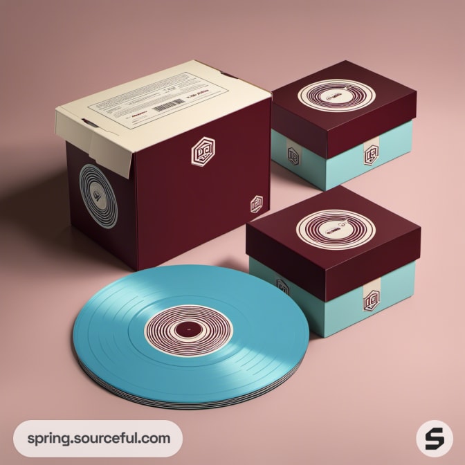 Blue and maroon boxes with a vinyl record disc.