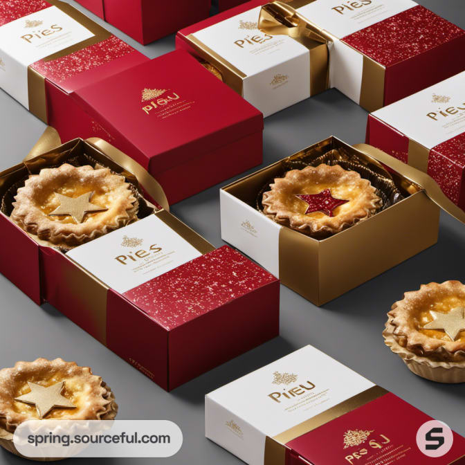 Assorted pie boxes in red and white with star patterns.