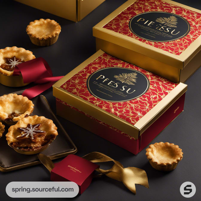 Gold boxes with ornate labels and open view of star pies.