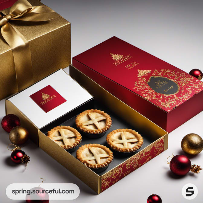 Luxurious red and gold box set with festive pies.