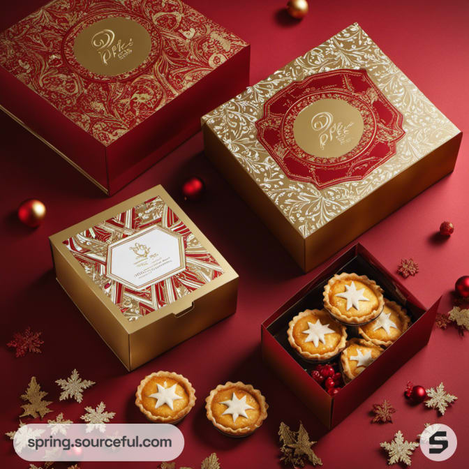 Elegant red and gold boxes with detailed holiday designs.