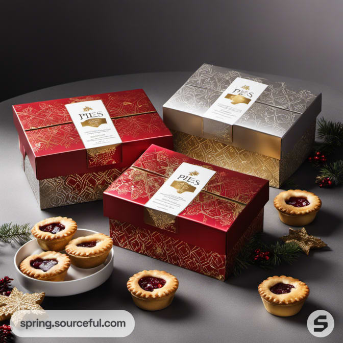 Red and silver boxes with intricate patterns and fruit pies.