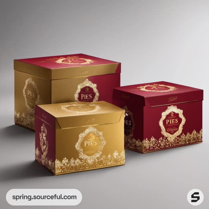 Red and gold stackable pie boxes with ornate designs.