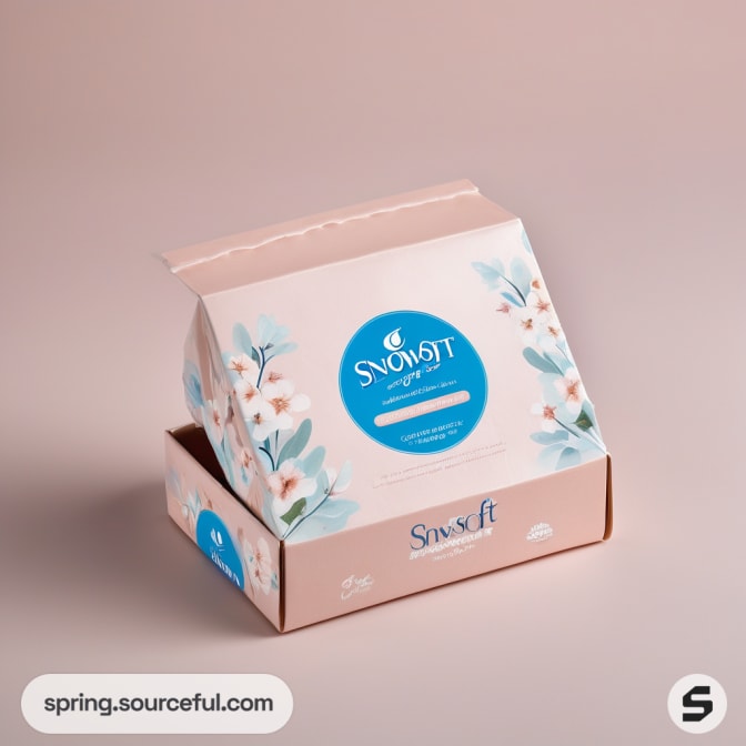 Floral-themed tissue box with blue accents on a pink background.