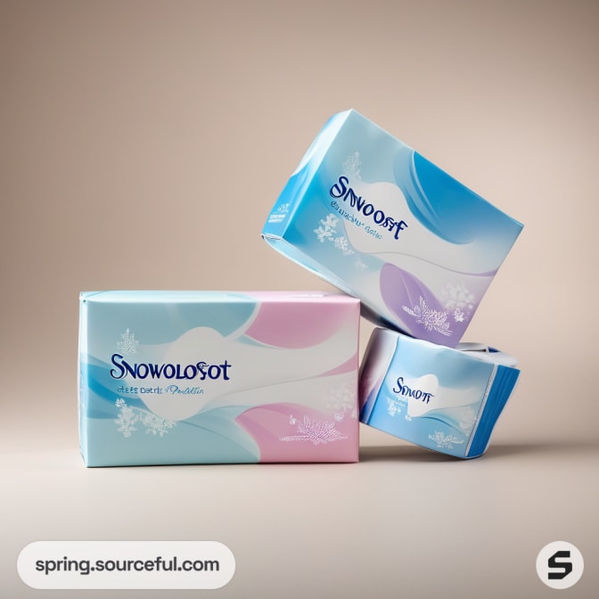 Stacked pastel tissue boxes in pink, blue, and white.