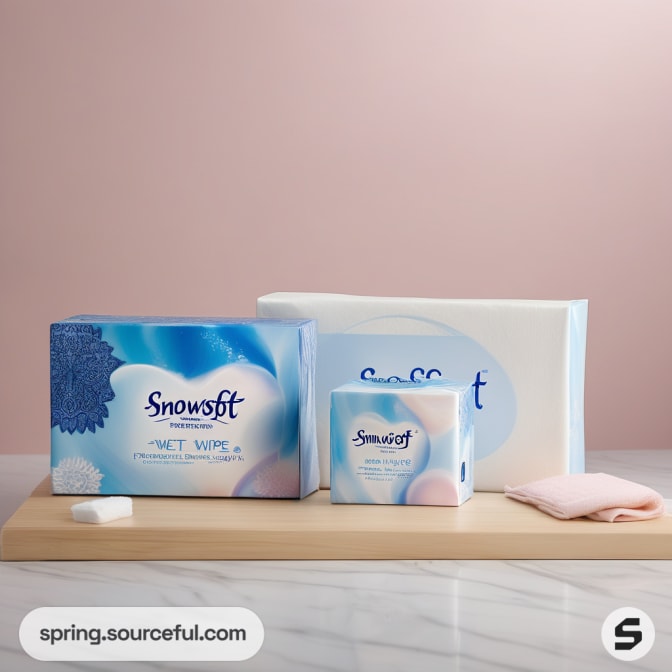 Different size blue and white tissue boxes on wooden surface.