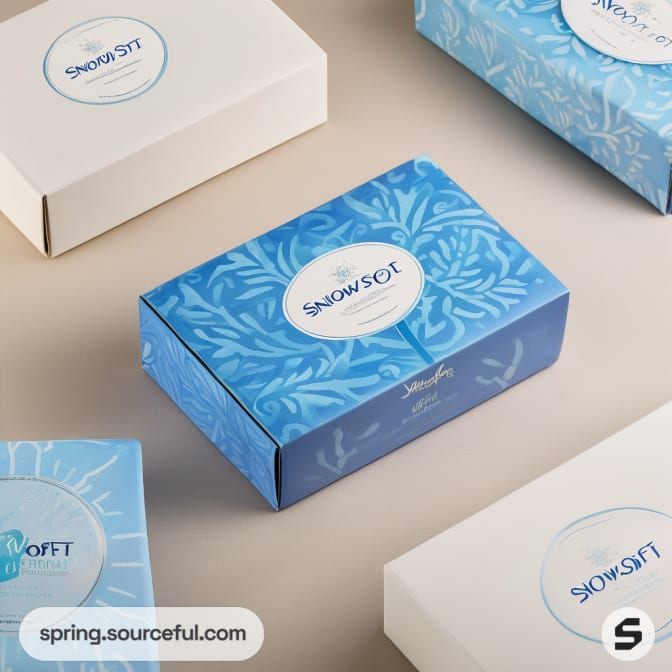 Blue patterned tissue box with white label.