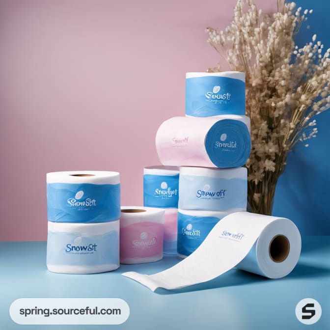 Various pastel tissue rolls stacked in a colorful arrangement.