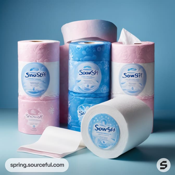 Assorted pink and blue tissue rolls in a neat display.