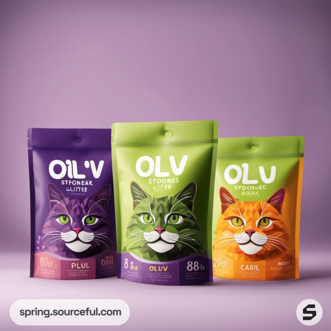 Cat litter packaging with purple and green cat illustrations.