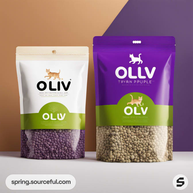 Two pet product bags, one purple, one beige, with pet images.