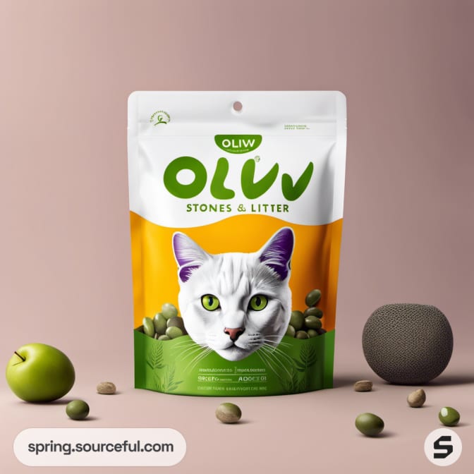 Cat litter bag with green and orange design, featuring a cat.