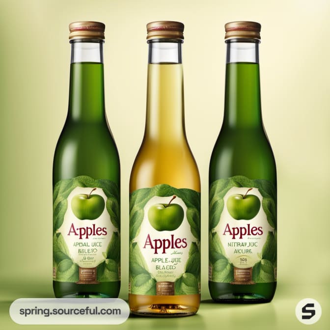 Green apple juice bottles with leaf labels on a green background.