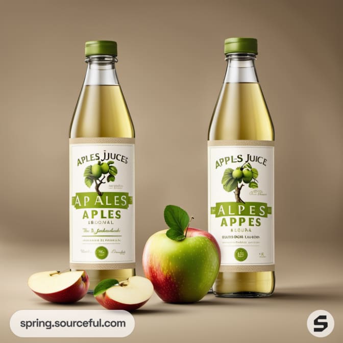 Two apple juice bottles with apples and sliced apple on a beige background.