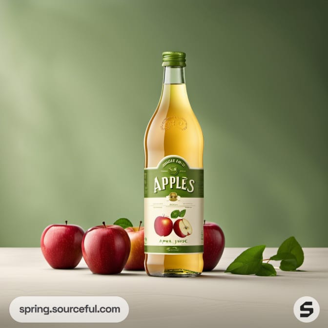 Single apple juice bottle with apples on a light green background.